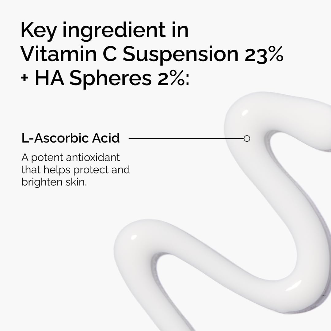 White cream swirl and ingredient text highlighting L Ascorbic Acid for The Ordinary Vitamin C Suspension .