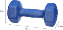 Blue 5KG neoprene dumbbell with labeled size dimensions in cm.