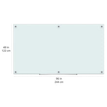 White glass dry-erase magnetic board showing overall size markings 244 x 122 cm