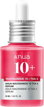 Red glass dropper serum bottle with silver cap, Anua 10+ label, 30 mL