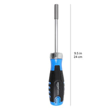 Ratchet screwdriver with blue grip, silver bit shaft, and 9.5 in total length