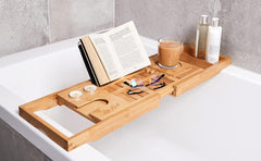 Bathtub Tray Bamboo Bathtub Stand Holder Adjustable Bath Tray With Extendable Luxury Book Rest, Device Tablet, Kindle, Ipad, Smart Phone Tray For A Home Spa Experience, Yellow