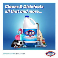 Clorox liquid bleach 470 ml jug bottle with blue cap, shown with accessories