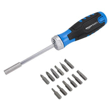 12-in-1 magnetic ratchet screwdriver with blue-and-black handle and metal bit shaft