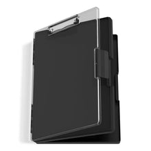 Black dry-erase clipboard with storage flap and metal clip, side view