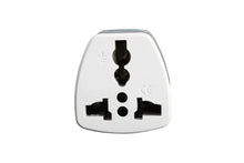 Travel plug adapter converter with three-prong US outlet, white housing, gold contacts