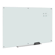 White magnetic glass dry-erase board with visible corner mounting hardware