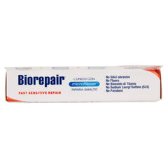 Biorepair toothpaste for sensitive teeth white rectangular box packaging with blue logo and fast sensitive repair text