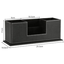 Black PU desk organizer with four compartments; size measurements shown on image.
