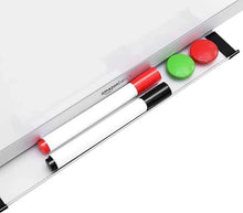 Whiteboard pen tray with dry-erase markers and aluminum frame, white surface