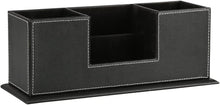Black PU leather desk organizer box with open top and stitched divider, four compartments