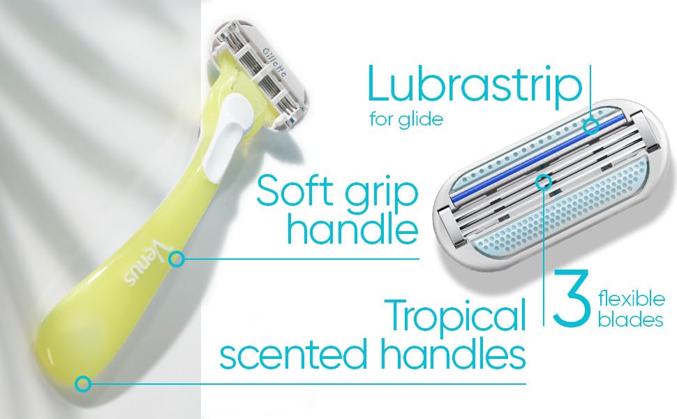 Gillette Venus Tropical women's razors. Lime green soft grip handle with lubrastrip and three flexible blades