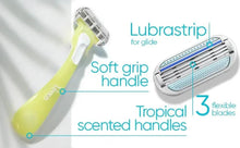 Razor with soft-grip handle and lubrastrip for glide, showing three flexible blades