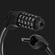 Black 5-digit cable lock with rotating dial and key opening on lock head