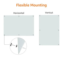 White glass dry-erase magnetic board with flexible mounting hardware, horizontal and vertical