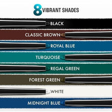 Six twist-up kohl liner pencils with shade labels: black, brown, royal blue, turquoise, green, white
