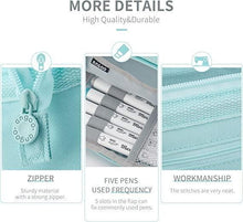 Light blue pencil case close-up showing stitched fabric, zipper track, and inner holders
