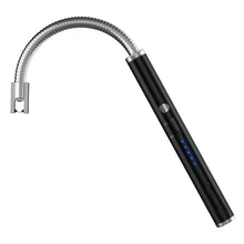 Black flameless electronic arc lighter with flexible metal neck and blue LED battery indicator