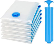 Folded clear vacuum bags with blue valve caps and hand vacuum pump