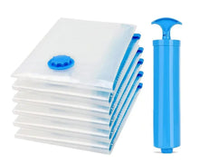 Clear vacuum storage bags with blue caps and cylindrical hand pump