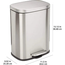 Brushed stainless steel rectangular trash can with closed lid and pedal at front