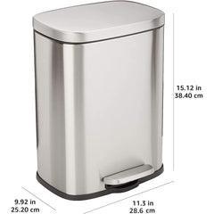 Smudge Resistant Small Rectangular Trash Can With Soft-Close Foot Pedal, for Bathroom/ Living room, Brushed Stainless Steel,12 Liter/3.1 Gal, Satin Nickel Finish,11.3"L x 9.9"W x 15.1"H