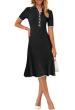 Ribbed polo-neck button-front midi dress with short sleeves, black with white trim
