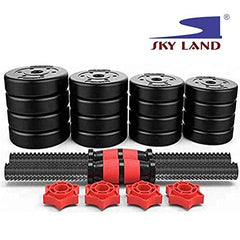 Juego de mancuernas y barra SKY LAND 2 en 1 con discos de peso ajustables de 20 kg, placas con revestimiento duradero y biela para entrenamiento de fuerza – Juego de mancuernas de 20 kg EM-9269-20