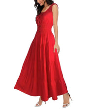 Red sleeveless tiered maxi dress with gathered skirt and smocked waist