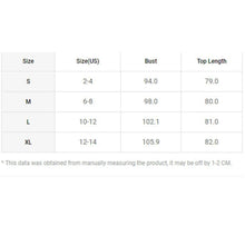 Dress size chart: S–XL bust and top length measurements in cm