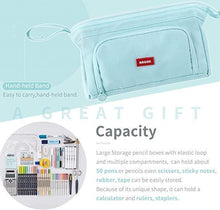 Light blue pencil case with top handle strap and front pocket, zippered compartments