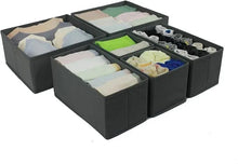 Gray foldable storage boxes with compartments, set of six with textiles