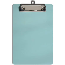 Light teal plastic clipboard with top metal clip and hanging hole.