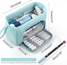 Light blue pencil case, fully open with multiple pen compartments and zipper closure