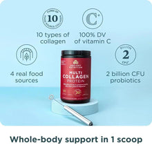Multi Collagen Protein powder tub on light pedestal with metal scoop beside it.
