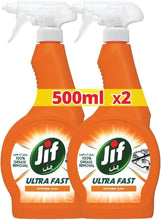 Jif Ultra Fast kitchen cleaner spray 2-pack, orange 500ml bottles with trigger sprayers