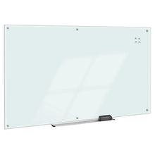 White glass dry-erase magnetic board with metal corner mounts and marker tray