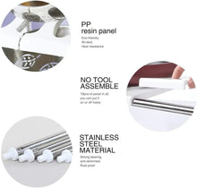 White under-sink storage rack parts with slide rails and stainless steel bars