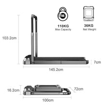Foldable under-desk treadmill with overall dimensions and compact low-profile base