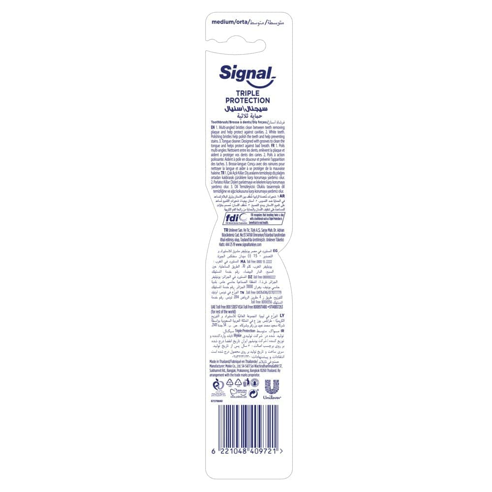 SIGNAL Triple Protection Toothbrush, Cleans Teeth & Massages Gums, Medium, Gentle Plaque Removal, 1 PC (Assorted)