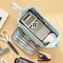 Light blue pencil case open with mesh divider and calculator-sized organizer pocket