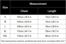 Tank top size chart showing chest and length in cm and in for S–XXL