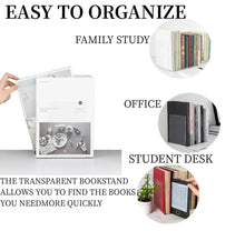 Clear acrylic bookends set holding upright books on a desktop.