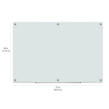 Large white magnetic glass dry-erase board with corner hardware and size dimensions