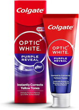 Colgate Optic White Purple Reveal whitening toothpaste tube and box, red and purple