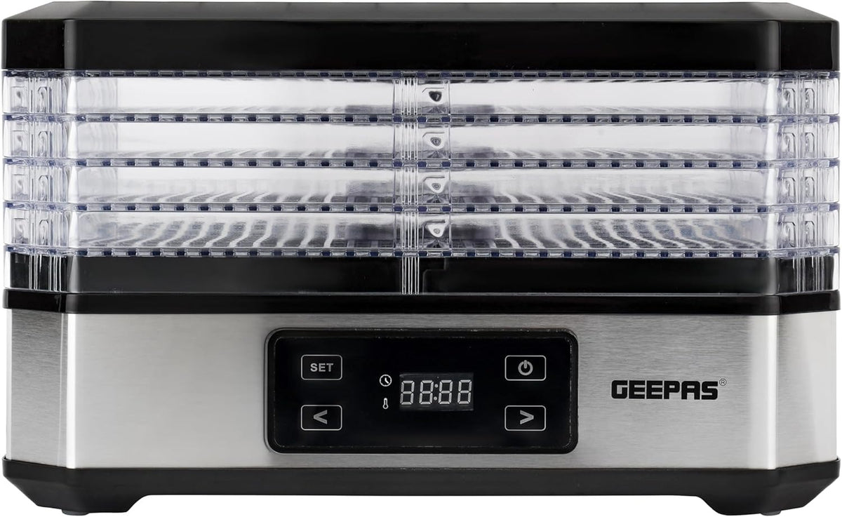 Geepas 500W Digital Food Dehydrator - 5 Large Trays, Adjustable Temperature & 1-48 Hours Timer | Ideal for Fruit, Healthy Snacks, Vegetables, Meats & Chili