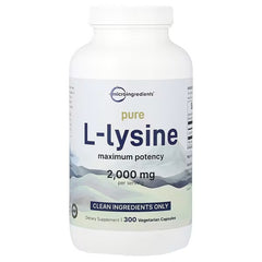 Micro Ingredients, Pure L Lysine, Maximum Potency, 300 Vegetarian Capsules (500 mg per Capsule)