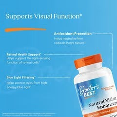 Doctor's BEST Natural Vision Enhancers supplement bottle with orange cap, visual function text