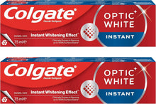 Colgate Optic White fluoride toothpaste 2-pack boxes, red and blue branding.