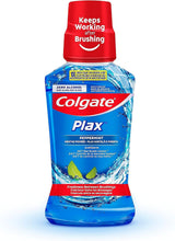 Colgate Plax peppermint mouthwash bottle with blue liquid and red cap